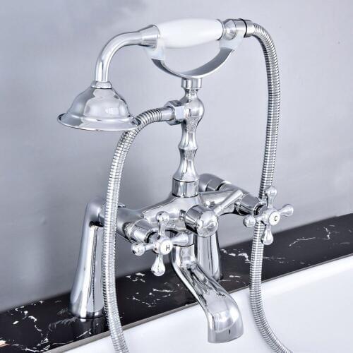Deck Mounted Bathtub Faucet with Hand Shower Chrome Bath Tub Mixer Tap Dual Handles Bath Shower Faucet Cold and Hot Water Taps