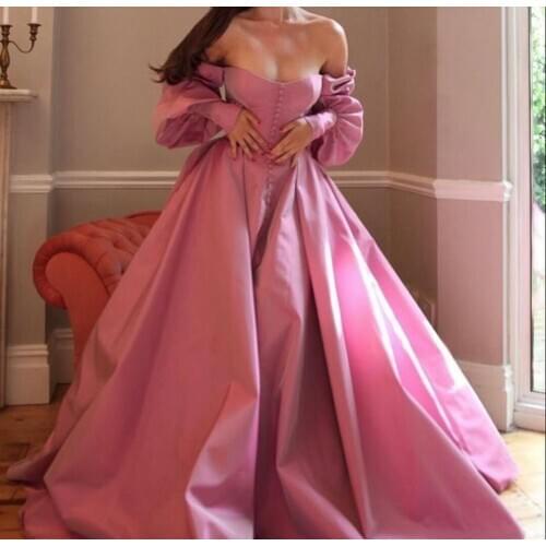 Sexy Long Sleeve Satin Off Shoulder Evening Dresses with Pockets Floor Length Zipper Back Pleated Formal Party Dress for Women