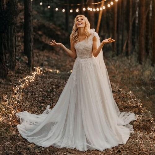 One Shoulder Ruched Tulle with Lace Long Tape Ivory Wedding Dress vestido de noiva sereia Customized Made Bridal Dress