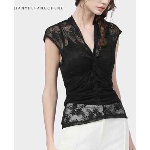 Fashion Hook Flower Hollow Out Black Lace Blouse Women Sleeveless V-Neck Summer Tops Elegant Sexy Slim Blouses With Tank Top