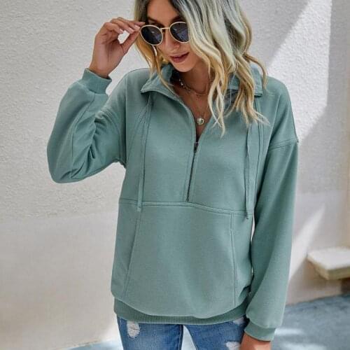 Womens Solid Color Half-zip Pocket Hoodies Stand-up Collar Long-sleeved Pullover Spring Casual Loose Coat Tops Sweatshirt