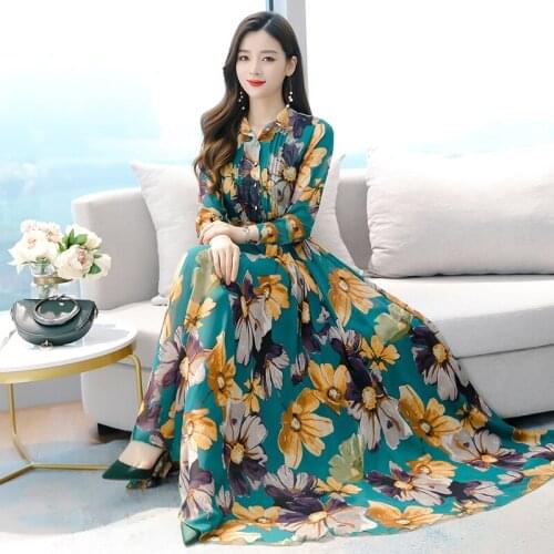 Women Maxi Floral Chiffon Dress Autumn 2020 Long Sleeve Runway Elegant Vintage Korean Long Dresses fairy Casual Party Night