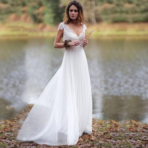 Summer Boho Beach Wedding Dresses Deep V Neckline Cap Sleeves Chiffon Wedding Gowns for Bride 2021 Plus Size Vestido de Novia