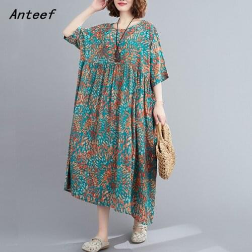 Short sleeve cotton linen vintage floral dresses for women casual loose long summer dress elegant clothes 2021