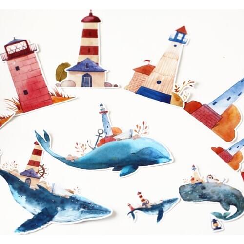 12 PCS Whale and lighthouse Stickers Crafts And Scrapbooking stickers book Student label Decorative sticker kids toys
