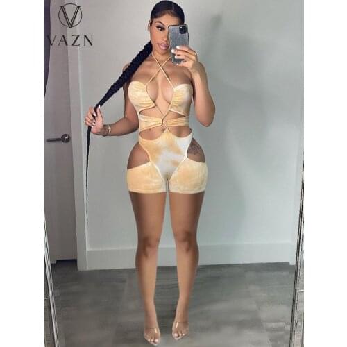 VAZN 2021 New Arrival Hollow Out Sexy Open Beach Young Fashion Halter Off Shoulder Women High Waist Skinny Playsuits
