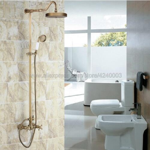 Antique Brass Wall Mounted Bathroom Rainfall Shower Faucet Set Mixer Tap Hand shower head Krs133