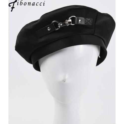 Fibonacci New Hats For Women Beret Female Black Satin Punk Metal Buckle Berets British Retro Painter Hat Unisex Solid Beanie Cap