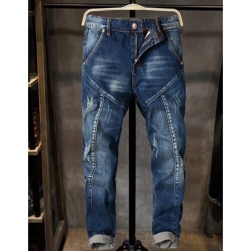 Plus Size Straight Patchwork Jeans Hip Hop Mens Clothing Leisure Denim Pants Elasticity Jean Stitching Mens Clothes Trousers