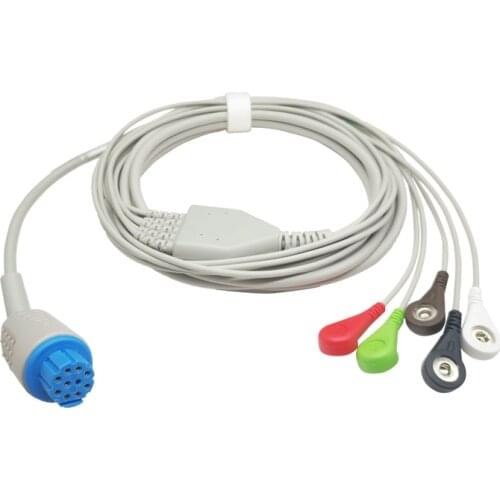 ECG Cable One Piece 5 Lead Wires 10 Pin Snap 4.0 End AHA Standard for Datex Cardiocap Patient Monitor Made in China
