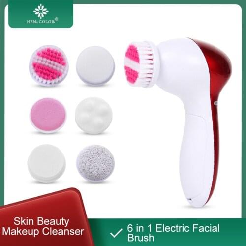 HZM COLOR 6 in 1 Electric Facial Brush Washing Face Cleansing Massager Machine Skin Beauty Makeup Cleanser Remover Device Sets