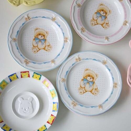 Bear Ceramic Plate Korean Style Lovely Retro Dream Cartoon Relief Ceramic Dessert Breakfast Cake Dish Plate Square Plates Set