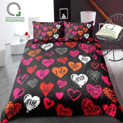 "BOMCOM 3D Digital Printing Bedding Set Hand Drawn Red Pink Hearts Text Black 3-Pieces Duvet Cover Sets 100% Microfiber