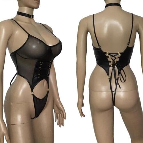 Sexy Women Faux Leather Over Bust Corset Sheer Mesh Crotchless G-String See Through Bra Mistress Role Play Fetish Costume