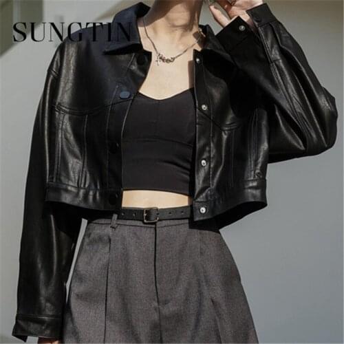 Sungtin Women Solid Black White Pu Cropped Jacket High Street Autumn Spring Female Single Breasted Short Pu Jackt Pockets Chic