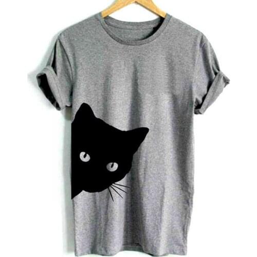 Summer Cotton Womens T-Shirt Round Collar Short Sleeve Pullover Cat Print Slim Fashion Office Lady T-Shirt