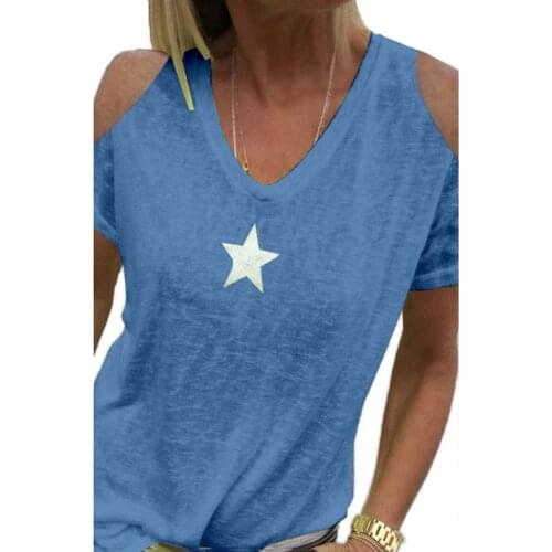Hot Women T-Shirt Summer Cold Shoulder Star Print Plus Size T-Shirt V Neck Solid Color Top Oversized T Shirt Womens Clothing
