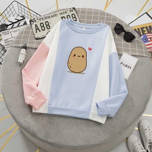 Cute Sweatshirt Women Color Block Hoodie Potato Print Pullover Oversized Cartoon Long Sleeve Crewneck Sweatshirt Aesthetic