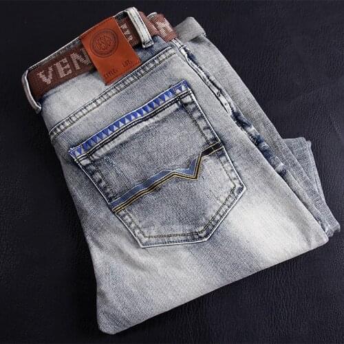 Korean Style Fashion Men Jeans Retro Gray Blue Elastic Slim Ripped Jeans Men Printed Designer Stretch Casual Denim Pencil Pants