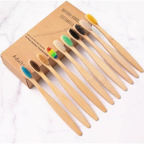 20PCS Biodegradable Eco-Friendly Natural Bamboo Toothbrushes Set with Flat Handle for Men Women Teeth Care Tools Random Colors