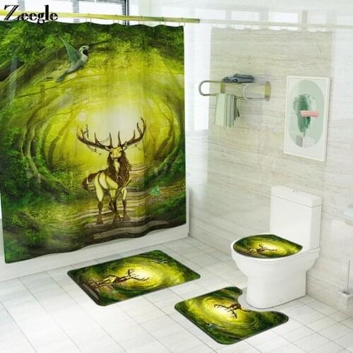 Polyester Waterproof Shower Curtain and Bath Mat Set Animal Lion Deer Set Toilet Seat Cover Mat Bathroom Carpet Rugs Toilet Mat