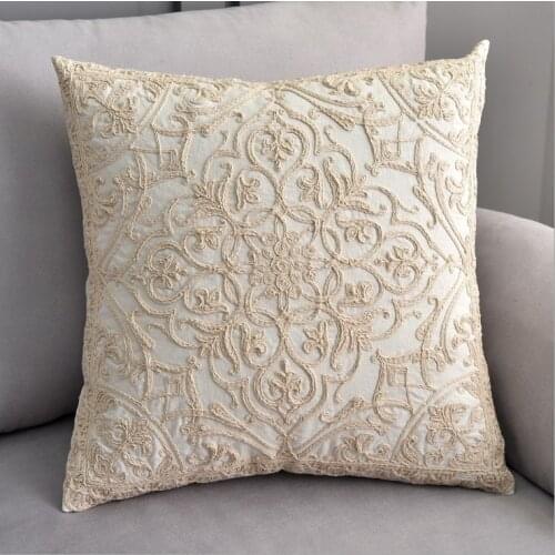 Beige Cotton Embroidery Cushion Cover Navy Geometric Flowers Pillow Cover 50x50cm Home Decorative Sofa PillowCae