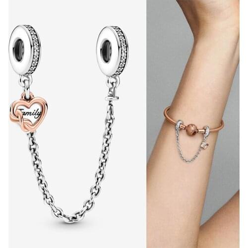 2021 New 925 Sterling Silver Pan Charm Heart-shaped Family Safety Chain, Suitable For Diy Bracelet As Jewelry