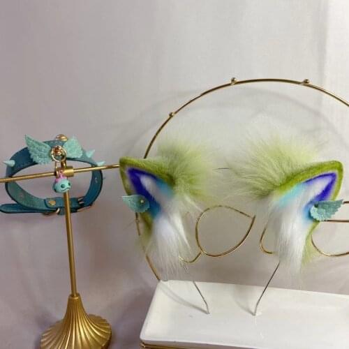 New Hand Made Work Green Wing Cat Ears Headwear Hair Hoop Necklace KC Lolita Cosplay Accessories Halloween Prop