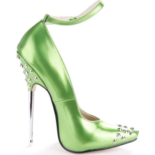 OLOMLB 16cm Women Rivet Studs Buckle Pointy Toe Super High Steel Heel Stilettos Patent Leather Nightclub Shoes Match Colors