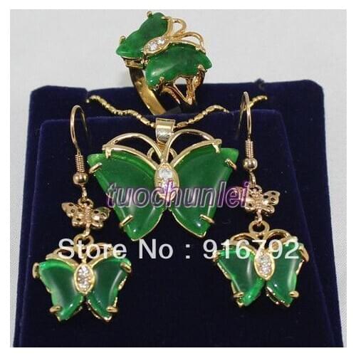 Wholesale free shipping >>>>>Ladys beautiful green stone butterfly earring pendant(24*30mm) ring set