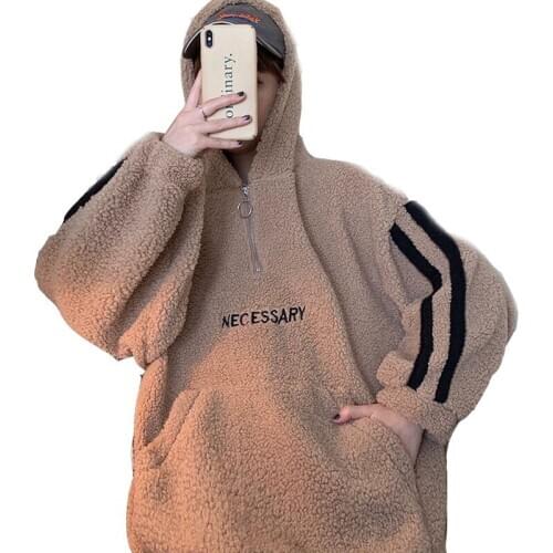 2020 Autumn And Winter Zipper Ladies Hoodie Loose Korean Lambswool Girl Pullover Lazy Wind Plus Velvet Thick Casual Women Coat