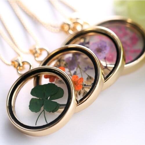 Specimen Clover Dried Flower Intial Necklace for Women Korean Gold Beads Chains Round Pendant BFF Necklaces Friendship Jewelry