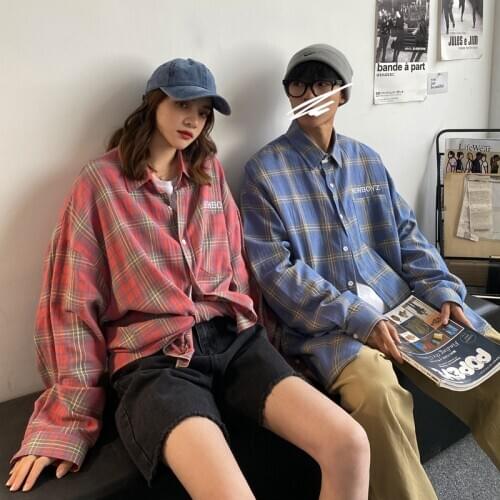 Couples Plaid Shirts for Women 2021 Fashion Trends Plus Size Embroidered Clothing Ladies Long Sleeve Button Up Blouses and Tops