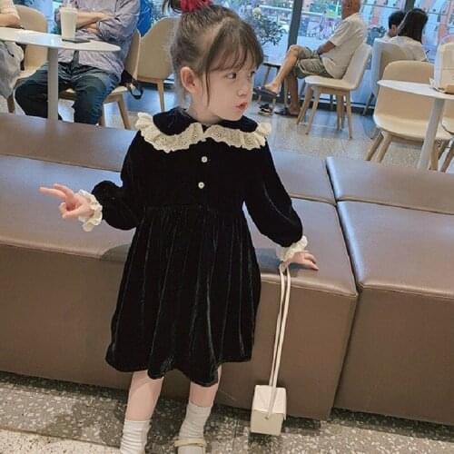 Girls' Dress 2021 Autumn New Childrens Korean Style Hepburn Graceful Velvet Puff Sleeve Princess Dress