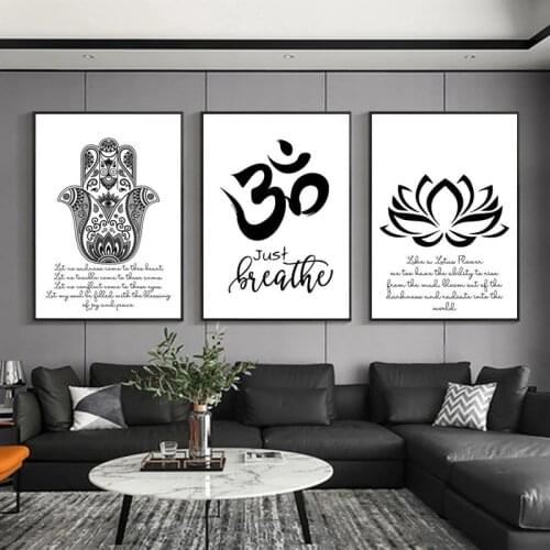 Spiritual Meditation Abstract Poster Hamasa Hand Lotus Black White Canvas Print Yoga Wall Art Picture Painting Modern Home Decor