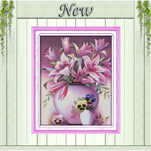 Pink lily flower vase,Pattern print on canvas DMC 11CT 14CT Cross Stitch kit,needlework Set all for embroidery.Beautiful Flowers