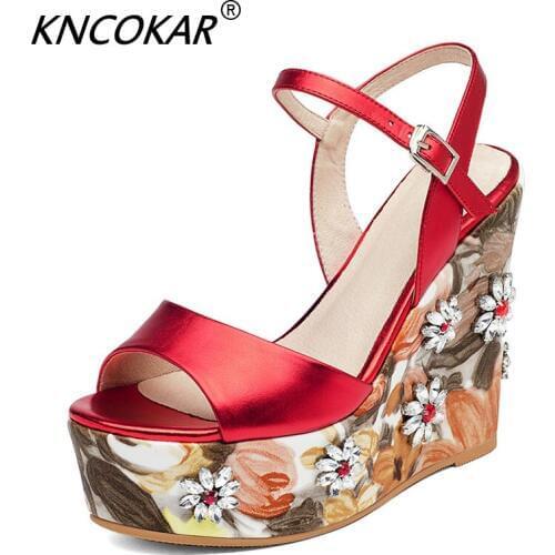 Genuine Leather Wedge Sandal New Shoes Flower Fish Mouth Bottom High Heels And Sexy Diamond Flowers For Womens Shoes