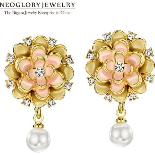 Neoglory Auden Rhinestone Enamel Pink Flower Simulated-pearl Dangle Drop Earrings for Women 2020 Jewelry Hot Gifts New