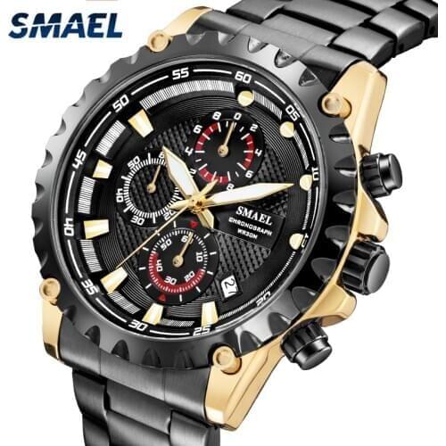 SMAEL Watch Men Stainless Steel Waterproof Quartz Watches Male Fashion Chronograph Military Sport Wrist Watch Relogio Masculino