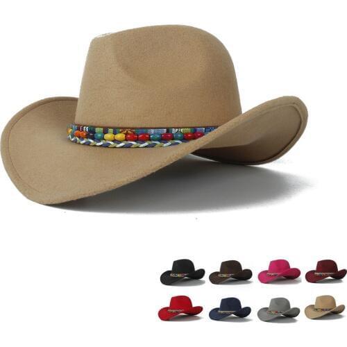 2019 Women Wool Hollow Western Cowboy Hat Roll-up Brim Lady Outblack Sombrero Hombre Jazz Cap Size 56-58