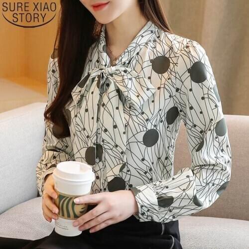 Autumn 2021 Women Blouses 2021 Polka Dot Chiffon Shirts Fashion Bow Office Lady Tops Long Sleeve Cardigan Casual Blusas 10786