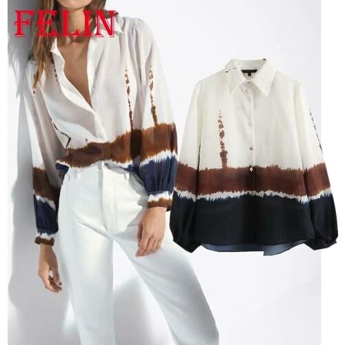Za 2021 Women Tie Dye Print Loose Vintage Shirts Office Lady Single Button Oversized Long Blouses Elegant Casual Mujer Tops