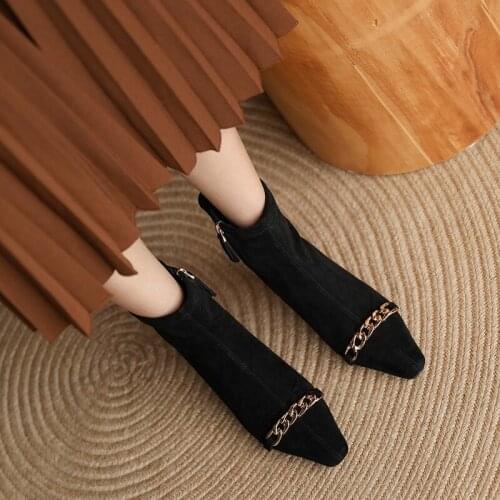 Handmade Brand High Quality Ankle Boots Women Autumn Winter Real Leather Square Toe Zipper Kitten Mid Heels Ladies Booties Black