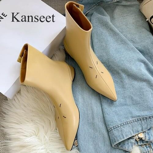Kanseet 2021 Autumn Winter New Arrival Sexy Pointed Toe Short Boots Low Heels Slim Handmade Women Ankle Boots Size 40 Apricot
