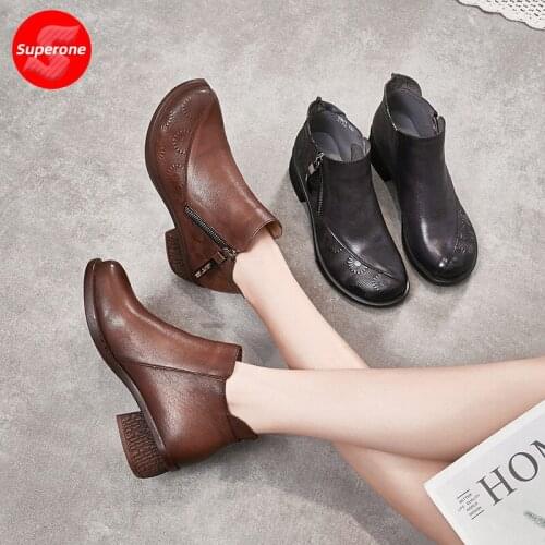 Retro womens shoes autumn and winter national style bare boots handmade leather short boots womens single boots thick heels