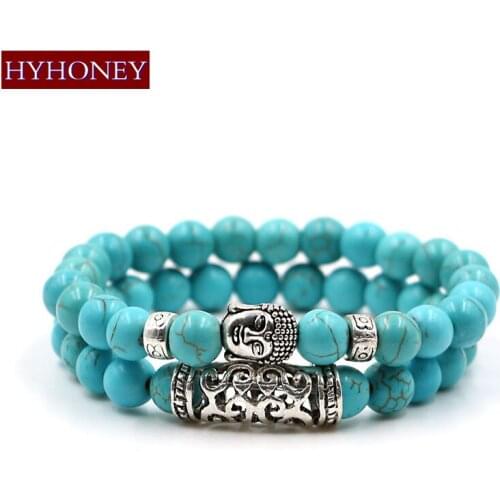 Fashion Bracelet Lava Natural Stone Beads Bracelet Antique Silver Plated Buddha Head Bracelet Set For Men Women 2PCS