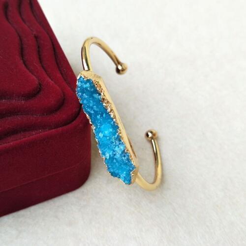 5Pcs Natural blue crystal Druzy Geode Quartz Stone Cuff Bangle Handcuff Gold color Drusy Bracelets Jewelry BG42