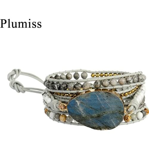 Teardrop Labradorite Leather Wrap Bracelets for Women Map Jaspers Natural Stone Beaded Bracelet Handmade Jewelry Dropshipping