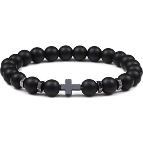 Natural Beaded Bracelets 8mm Wood Bead Lava Matte Stone Cross Elasticity Bracelet Meditation Prayer Charm Men Women Yoga Jewelry