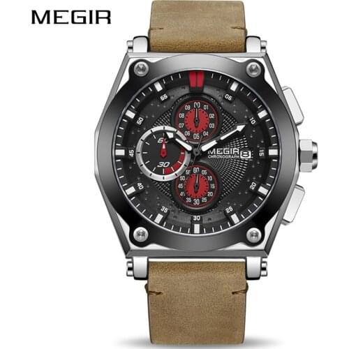 MEGIR Mens Leather Analog Quartz Watches Army Military Sports Chronograph Waterproof Wristwatches Men Luminous Relogios Clock